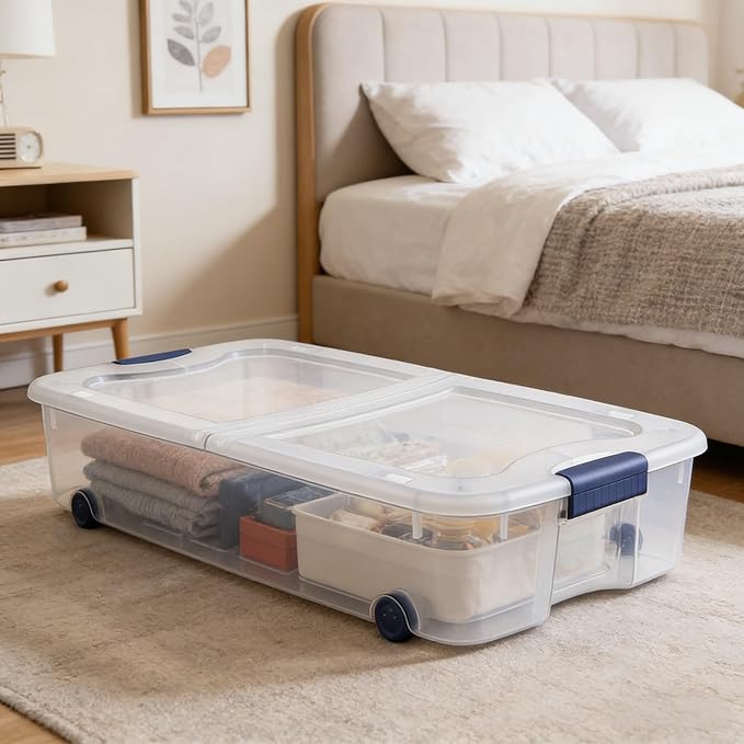 66 Quart Wheeled Latch Box, Clear Underbed Storage Bin with Lid, Blue