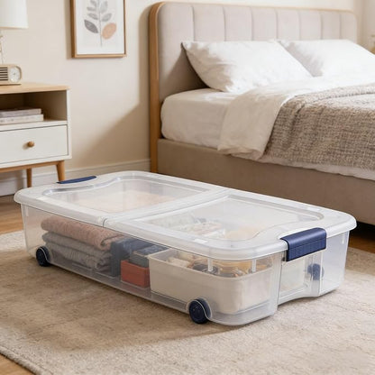 66 Quart Wheeled Latch Box, Clear Underbed Storage Bin with Lid, Blue