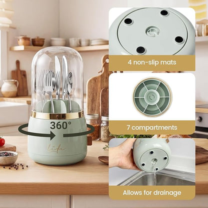 360°Utensil Holder Silverware Organizer with Lid, kitchen countertop flatware organizer and Countertop Storage,Forks, Knives and Spoons Organizer,7 Slots and Intermediate Device with Cover.（green）
