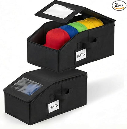 2-Pack Black Hat Organizer Boxes – Holds Up to 24 Caps Stackable Baseball Cap Storage, Breathable Fabric, Clear Window Lid, Foldable & Dustproof Hat Rack for Closet or Shelf