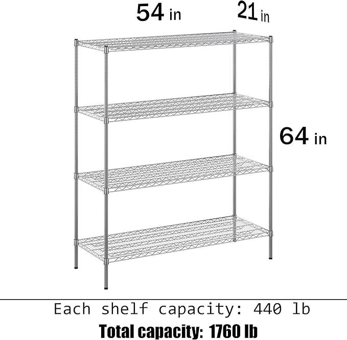 21" Deep x 54" Wide x 64" Height Wire Shelving Kit | 4-Tier | NSF Commercial Storage Rack Unit