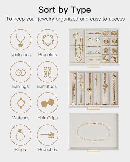 VLANDO Jewelry Box for Women, 3-Layer Jewelry Organizer with Drawers, Glass Lid Display Jewelry Storage, Soft PU Leather Exterior, Contrast Gold Metal Handles, Refined Style - Beige
