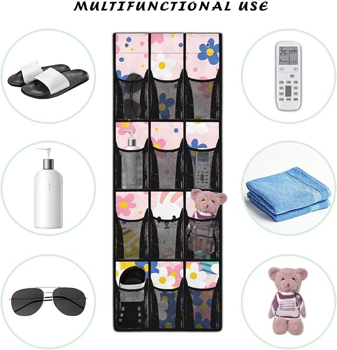 Over The Door Storage Organizer with 12 Mesh Pockets, Heavy Load Capacity, 2 Hooks Design, Door Hanging Organizer for Bathroom, Bedroom,Rabbit Flowers