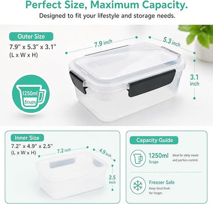 YORY 5 cup Plastic Food Storage Containers with Lids Nestable Freezer Dishwasher Safe Rectangle Meal Prep Container Set,5-Pack