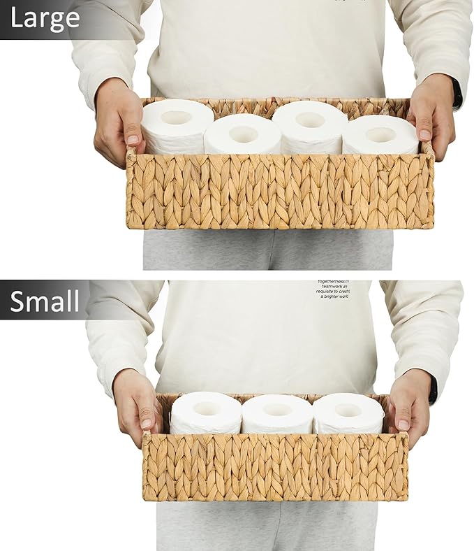 Graciadeco Nesting Small Wicker Basket, Water Hyacinth Toilet Paper Baskets Bathroom Organizer Woven Long Narrow Baskets for Organizing Pantry Bathroom Toilet Tank, 2 Pack