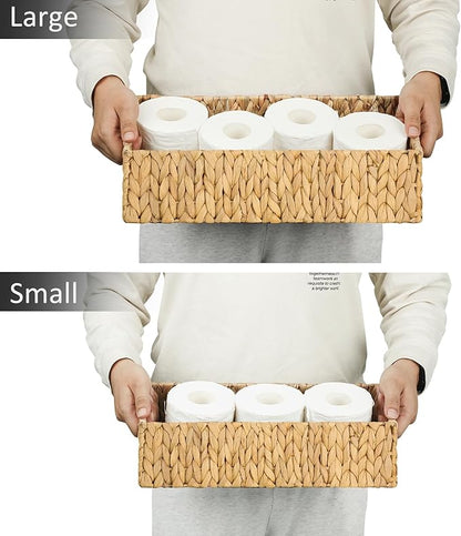 Graciadeco Nesting Small Wicker Basket, Water Hyacinth Toilet Paper Baskets Bathroom Organizer Woven Long Narrow Baskets for Organizing Pantry Bathroom Toilet Tank, 2 Pack