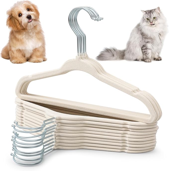 Weysat 24 Pcs Dog Clothes Hangers 11'' Non-Slip & 360° Swivel Velvet Small Pet Beige Hangers for Cats/Dogs with Rustproof Metal Hooks, Space-Saving for Home Storage & Grooming Salons Minimalism