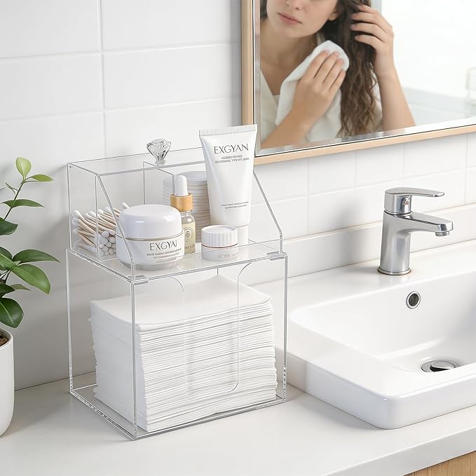 Anyoifax Disposable Facial Towels Storage Compatible with Clean Skin Club Clean Towel XL Double Layer Acrylic Box Cotton Pads Container Qtip Bin Face Towelettes Holder for Bathroom Counter, Clear