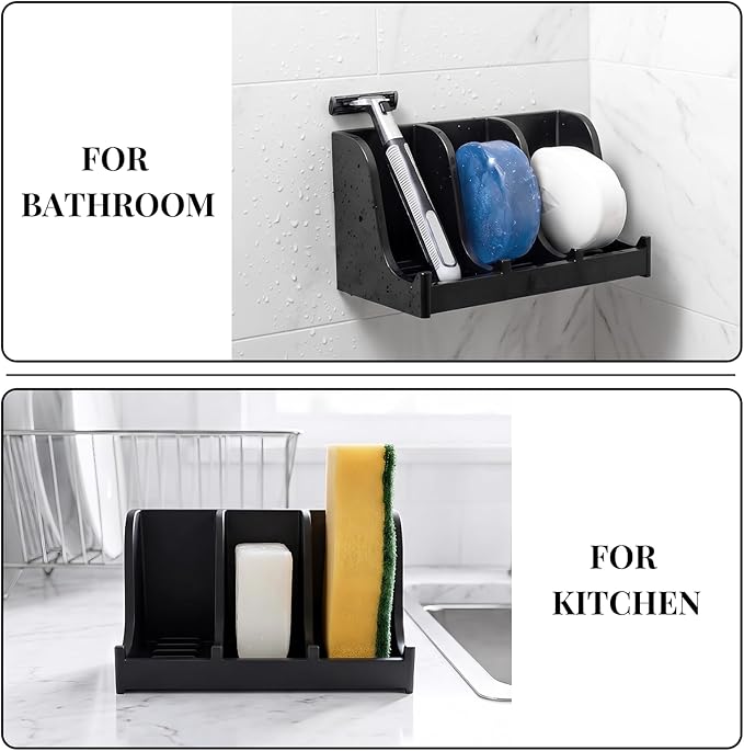 Soap Holder for Shower Wall, 3-Compartment Soap Dish for Shampoo, Conditioner and Body Soap, Fast Draining & Rust-Proof & Heavy Duty, Ultra-Strong Self Adhesive & Freestanding (Black, No Label)
