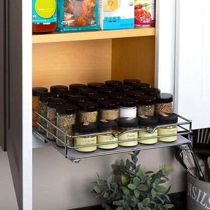 Pull-Out Cabinet Spice Rack Organizer - Slim Slide-Out Storage for Spices, Bottles & Jars, Premium Heavy-Duty Steel, Easy Install for Narrow Kitchen Cabinets - 12 ⅜ W x 10 ⅜ D x 2 ¾ H, Chrome