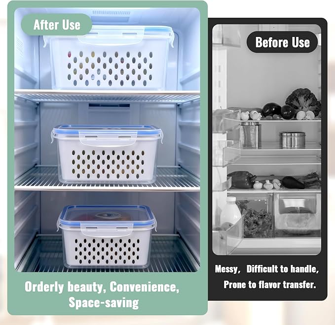 3 PCS Fruit Storage Containers for Fridge Food Berry Storage Container Set with Removable Strainer Lid Berries Container for Fridge BPA-Free Plastic Crisper for Long-Term Freshness