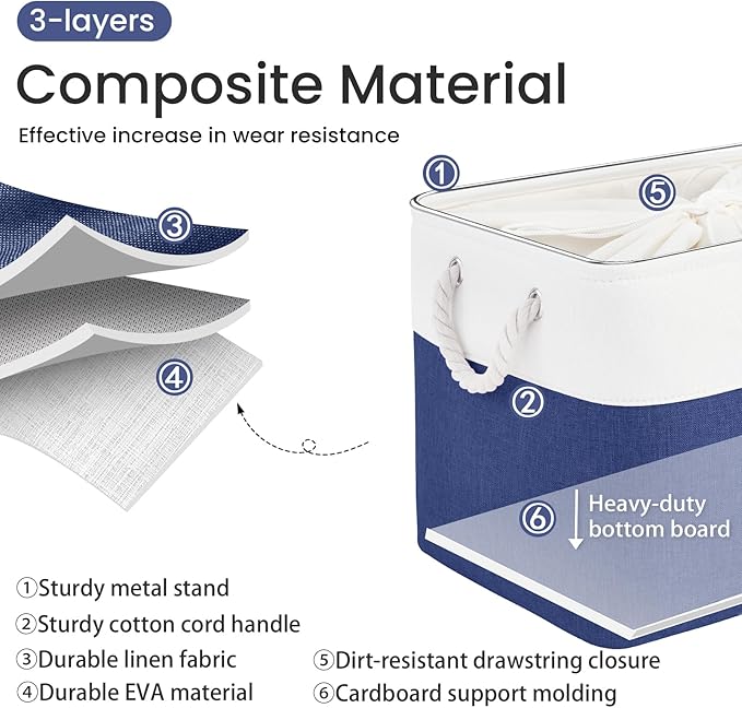 Large Storage Baskets- 16x12x12 inch Storage Bins for Shelves and Closet Organizing, Foldable Fabric Bin for Home Organization Clothes and Laundry (1-Pack, White&Blue)