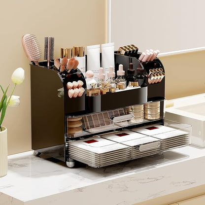 Makeup Organizer for Vanity with 2 Large Drawers, Cosmetic Display Case with Brush Holders, Easy to Storage for Bathroom Countertop Skincare, Perfume, Black