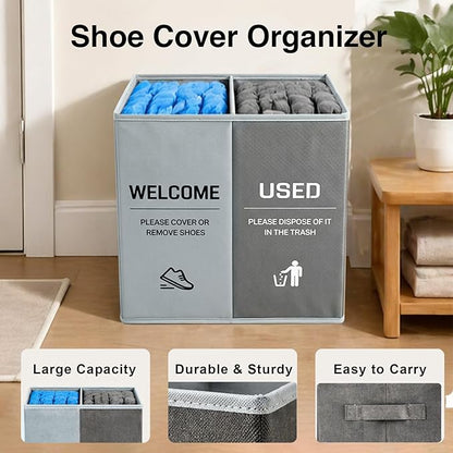 Foldable Shoe Cover Bin Storage Box Storage Dispenser Holder with Used Shoe Covers and Welcome Please or Remove Sign for Open House Supplies (grayish blue)
