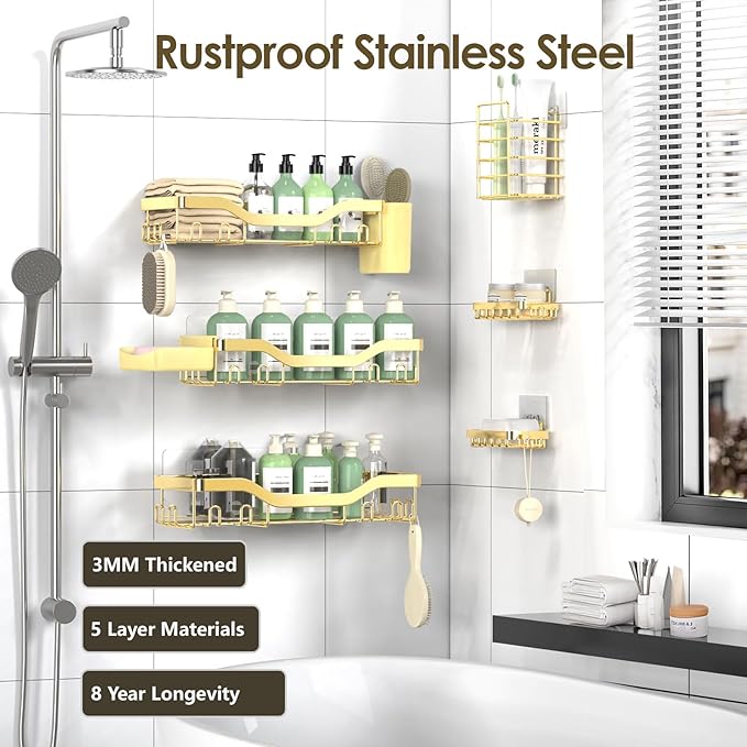 NESOMI Shower Caddy Adhesive Shower Organizer 8-Pack, Rustproof Stainless Steel Bathroom Shelves, Large Capacity No-Drill Rack Storage Accessories with Soap Dish Toothbrush Holder Hooks