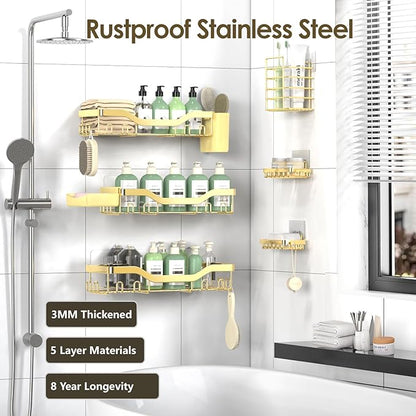 NESOMI Shower Caddy Adhesive Shower Organizer 8-Pack, Rustproof Stainless Steel Bathroom Shelves, Large Capacity No-Drill Rack Storage Accessories with Soap Dish Toothbrush Holder Hooks