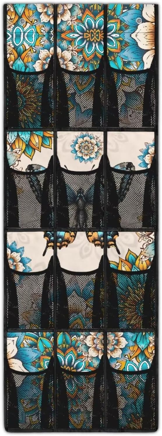 Mandalas Door Hanger Organizer 12 Pockets Behind The Door Organizer for Living Room Butterflies Wall Hanging Storage Easy to Install Multi-Funtion Storage Bag