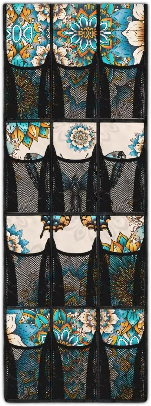 Mandalas Door Hanger Organizer 12 Pockets Behind The Door Organizer for Living Room Butterflies Wall Hanging Storage Easy to Install Multi-Funtion Storage Bag