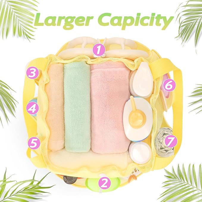 famichan Mesh Shower Caddy Portable with Drawstring, Dorm Room Essentials for College Students Girls & Boys, Large Shower Bag for Camping,Swimming,Gym,Travel,Bathroom - Yellow
