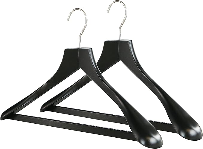MAWA by Reston Lloyd, European Wooden Hanger, Beech Wood Body Form Hanger with Wide Supportive Shoulders, Rotating Chrome Hook, Black Finish, for Shirts, Blazers, Pants, Dress Clothes, Set of 2