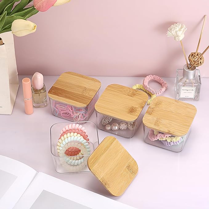 Hipiwe 4 PCS Apothecary Jars Clear Qtip Holder with Lid Small Bathroom Dispenser Set Cotton Swab Organizer Square Bathroom Accessories Storage Canister