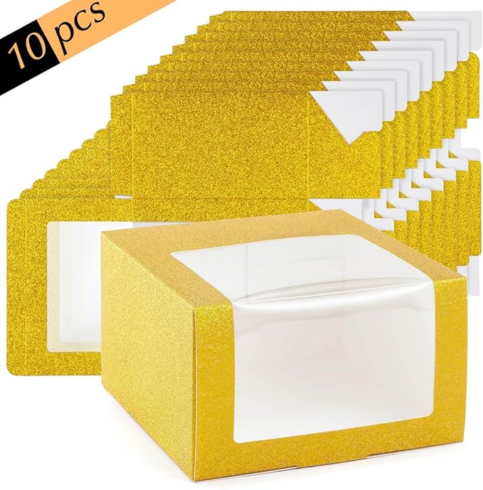 LADYBRO 10 Pack 7.8" x 7.8" x 4.8" Black Gift Boxes with Window Display for Hat Storage Containter for Baseball Caps (Fitted, Snapbacks, Trucker) (Glitter Gold, 7.8" x 7.8" x 4.8")