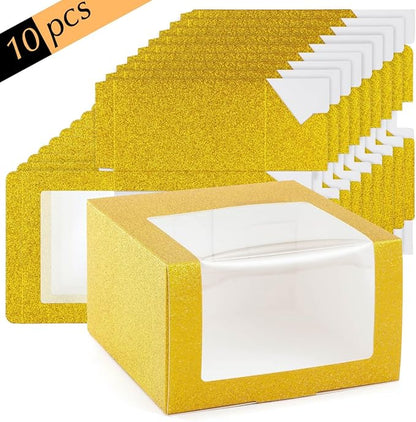 LADYBRO 10 Pack 7.8" x 7.8" x 4.8" Black Gift Boxes with Window Display for Hat Storage Containter for Baseball Caps (Fitted, Snapbacks, Trucker) (Glitter Gold, 7.8" x 7.8" x 4.8")