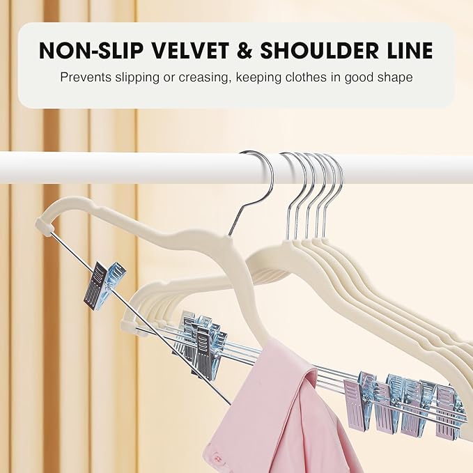 24-Pack Beige Velvet Hangers with Clips Adjustable,Adult Hangers,Heavy-Duty,Felt,Non-Slip,Space Saving,Slim Outfit Hanger for Pants, Skirts, Suits,Coats, Dresses ect.