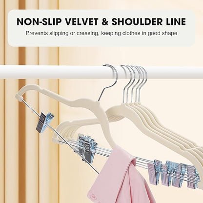 24-Pack Beige Velvet Hangers with Clips Adjustable,Adult Hangers,Heavy-Duty,Felt,Non-Slip,Space Saving,Slim Outfit Hanger for Pants, Skirts, Suits,Coats, Dresses ect.