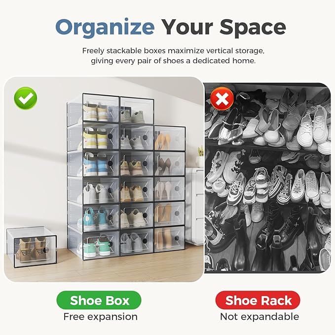 DUMOS Shoe Storage Boxes, 15 Pack Stackable Clear Shoe Containers with Lids, Display Sneaker Case Organizer for Closet, Under Bed, Entryway,Black, Fit Size 11