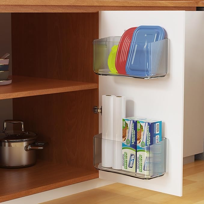 MaraFansie 4 Pack Over Cabinet Organizer Storage Lid Organizer Caddy Space Saver No Drilling Adhesive Hook Over Door Organizer, Clear Gray