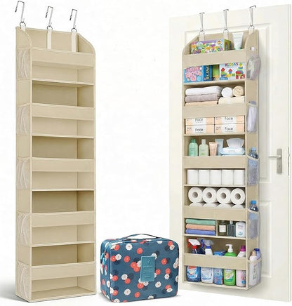 Over the Door Organizer with Toiletry Bag - 5 Shelf Hanging Organizer with 5 Large Pockets - Heavy Duty Storage for Bedroom, Bathroom, Pantry, Nursery (Beige)