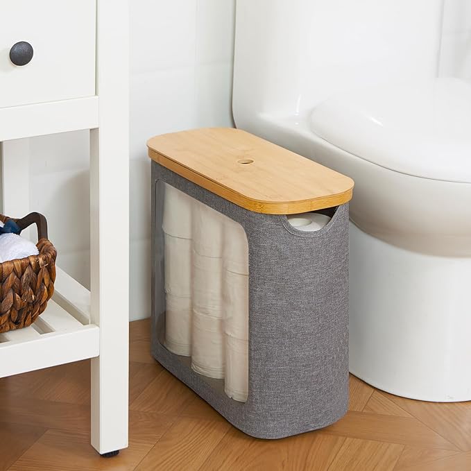 Toilet Paper Basket, Toilet Paper Storage with Lid for 12 Rolls, Bathroom Storage Organizer with Bamboo Lid, Grey