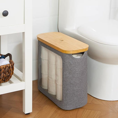 Toilet Paper Basket, Toilet Paper Storage with Lid for 12 Rolls, Bathroom Storage Organizer with Bamboo Lid, Grey