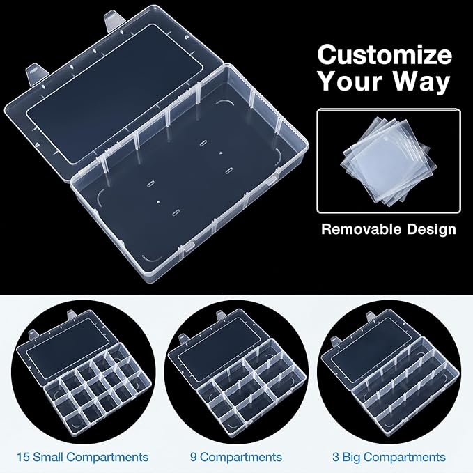 Benbilry Organizer Box with Adjustable Dividers, 15 Compartment Clear Storage Container for Bead Organizer, Fishing Tackles, Felt Board and Jewelry Storage (15 Grids)