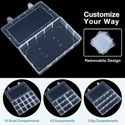 Benbilry Organizer Box with Adjustable Dividers, 15 Compartment Clear Storage Container for Bead Organizer, Fishing Tackles, Felt Board and Jewelry Storage (15 Grids)