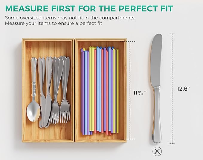 Bamboo Kitchen Drawer Organizer Boxes – 12" x 6" Stackable Wood Silverware Utensil Tray for Drawers Bins, Cutlery & Flatware Storage – Wooden Organizers Set of 2 for Junk Drawer, Bathroom, RV