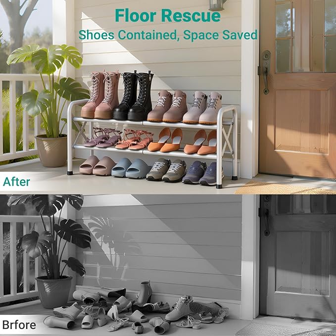 YEASHEIN 2-Tier Expandable Shoe Rack for Closet Floor, X-Frame Metal Small Shoe Rack for Entryway, Adjustable Shoe Shelf Organizer, Free Standing Shoe Racks for Front Door Entrance, Garage - White