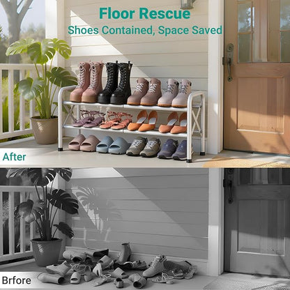 YEASHEIN 2-Tier Expandable Shoe Rack for Closet Floor, X-Frame Metal Small Shoe Rack for Entryway, Adjustable Shoe Shelf Organizer, Free Standing Shoe Racks for Front Door Entrance, Garage - White