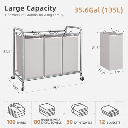 STORAGE MANIAC 3 Section Laundry Sorter, 35.6 Gal (135 L) Laundry Hamper Cart with Heavy Duty Rolling Lockable Wheels and Removable Bags, Clothes Organizer Basket Clothes Separator Hamper, Gray