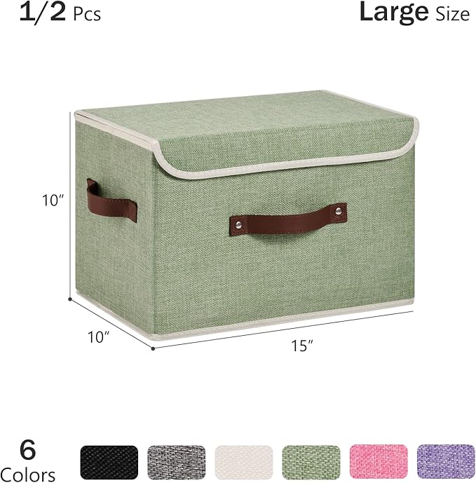 Storage Bins Box with Lids Decorative Cotton Linen Fabric Baskets Cubes with Handles PP Plastic Board Foldable Washable Lidded Clothing Shelf Closet Organizer Container (Light Green, Large)