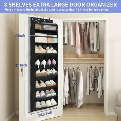 FENTEC 1 Pack 8 Shelves Over The Door Shoe Organizer, 68" Exlarge Deep Pockets Hanging Shoe Organizer, Shoe Rack for Closet, Shoe Holder for Boots,Over Door Organizer in Home, RV, Dorm, Black