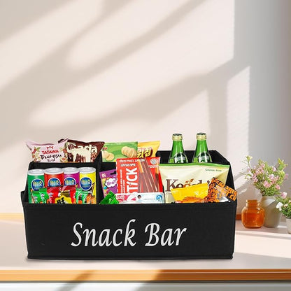 Snack Organizer for Countertop, 6 Compartment Snack Storage with Side Handles, 2 Pack Fabric Snack Basket Container, Lightweight Snack Bar Station Organizer, Kitchen Pantry Storage - Black