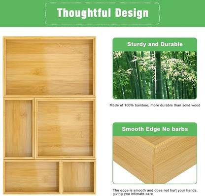 Bamboo Bathroom Drawer Organizer Dividers, Wooden Kitchen Utensil Holder Set of 5, Stackable Junk Drawer Organizer Tray, Multi-Use Storage Bins Boxs for Home, Office, Clothing, Makeup, Jewelry