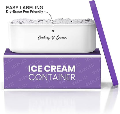 BALCI - Ice Cream Container - 2 Quart - Perfect Reusable Freezer Storage for Homemade Ice Cream Tubs for Sorbet, Frozen Yogurt and Gelato! - Flexible Silicone Lids, Long Scoop, Stackable - Purple