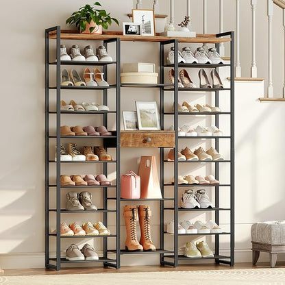 HOOBRO Shoe Rack, 10-Tier Large Capacity Shoe Storage Organizer with Metal Shelves, 63" H Shoe Shelf for Front Door Entrance, Closet, Holds 50-52 Pairs of Shoes, Rustic Brown
