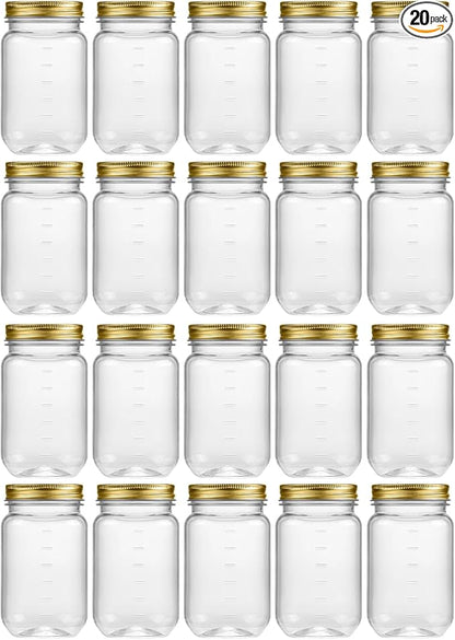 novelinks 16 oz Clear Plastic Jars with Lids, Refillable 16oz Mason Jars with Lids & Storage Containers for Kitchen & Household Use (20 Pack,Gold)