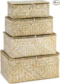 QWORK Seagrass Basket Set with Lids - 4-Piece Rattan Wicker Storage Baskets in Assorted Sizes, Handwoven, Durable Organizer for Home & Office, Rustic Farmhouse Decor, White