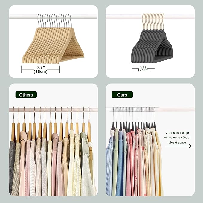 36 Packs Velvet Clothes Hangers, 17.3 Inches Non-Slip Skirt Hangers, Sturdy Dresses Hangers with Shoulder Notches, Space Saving Clothing Hangers for Adults, Dark Gray with Gold Hook