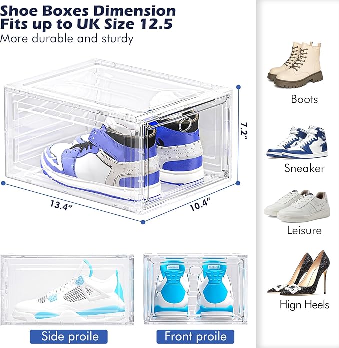 Shoe Storage Box, 9 Pcs Shoe Box Clear Plastic Stackable, Sturdy Foldable Shoe Organizer Containers with Magnetic Door for Women/Men, White